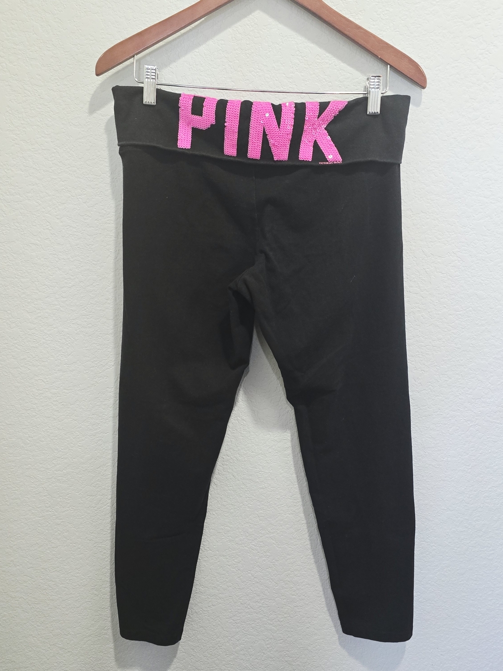 Victoria's Secret PINK Y2K Yoga Leggings Black Sequin Foldover Waist Large
